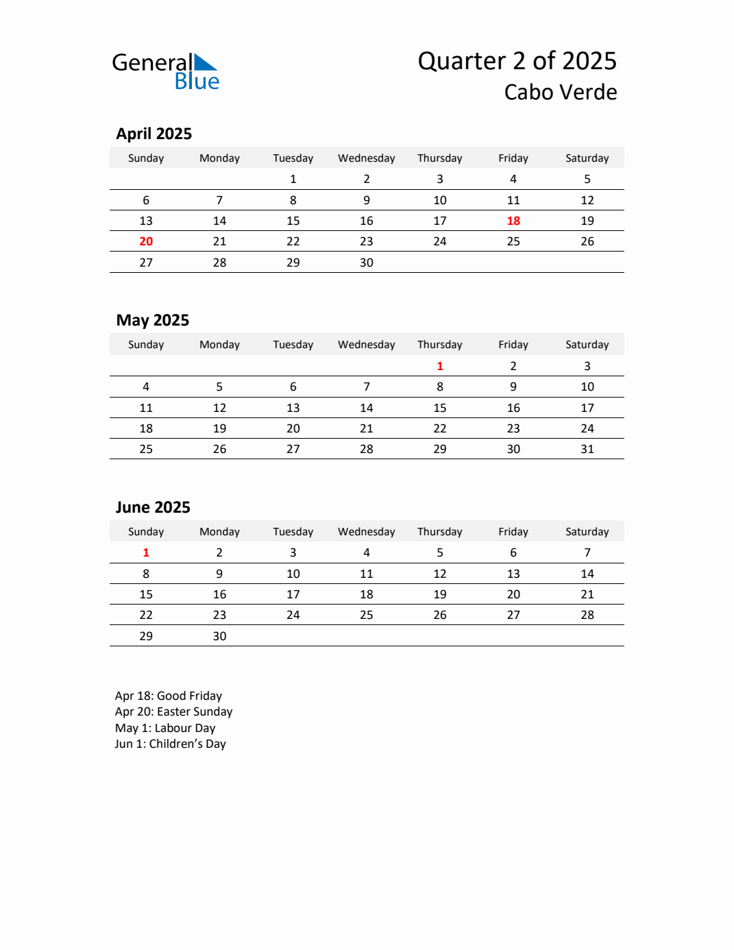Q2 2025 Quarterly Calendar with Cabo Verde Holidays