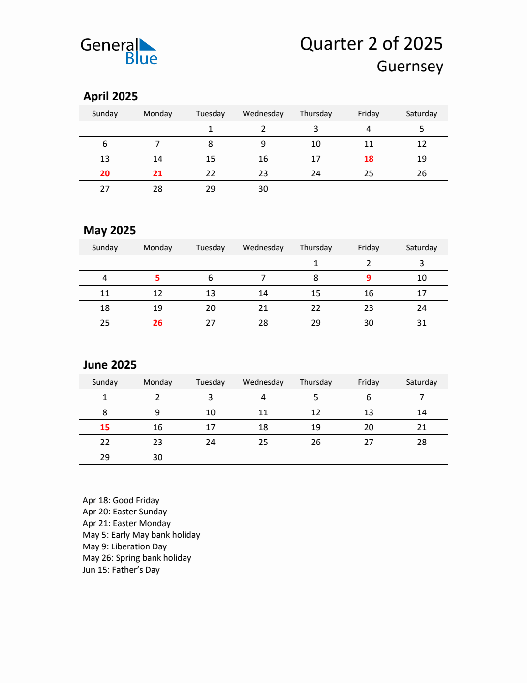 Q2 2025 Quarterly Calendar with Guernsey Holidays