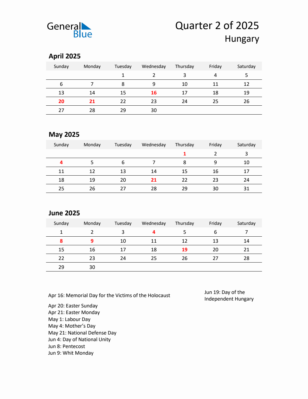 Q2 2025 Quarterly Calendar with Hungary Holidays (PDF, Excel, Word)