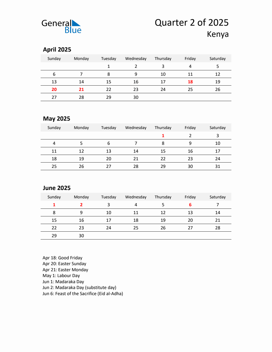 Q2 2025 Quarterly Calendar with Kenya Holidays (PDF, Excel, Word)