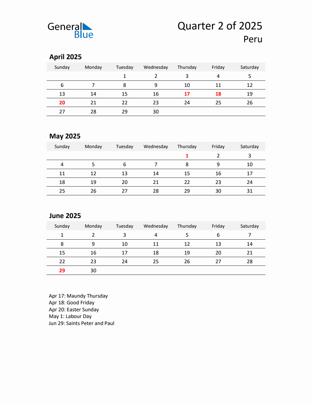 Q2 2025 Quarterly Calendar with Peru Holidays (PDF, Excel, Word)