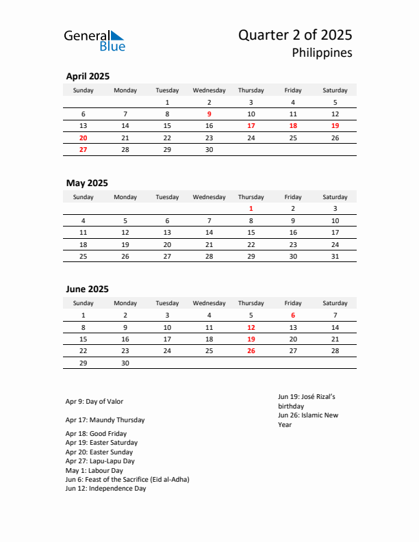 Q2 2025 Quarterly Calendar with Philippines Holidays