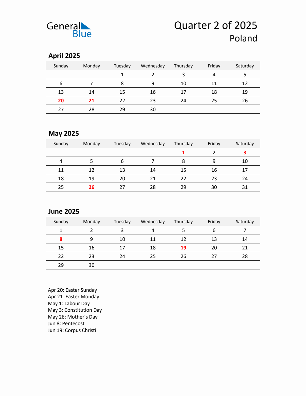 Q2 2025 Quarterly Calendar with Poland Holidays