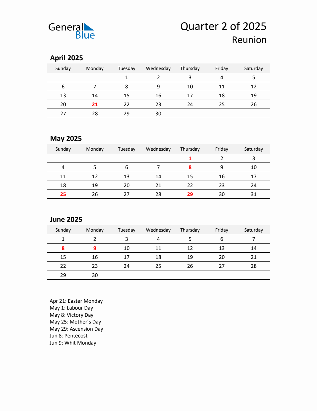 Q2 2025 Quarterly Calendar with Reunion Holidays (PDF, Excel, Word)