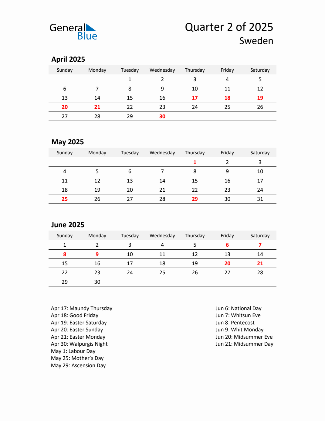 Q2 2025 Quarterly Calendar with Sweden Holidays