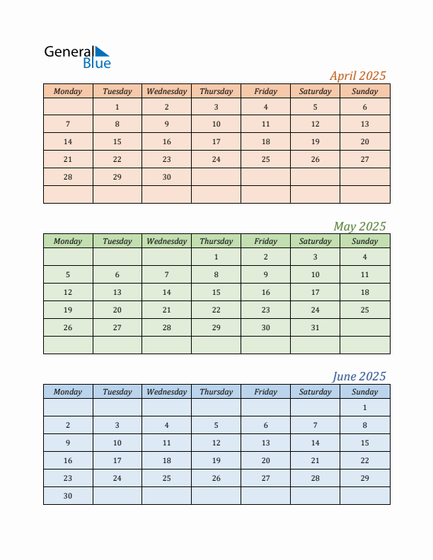 Three-Month Calendar for Year 2025 (April, May, and June)