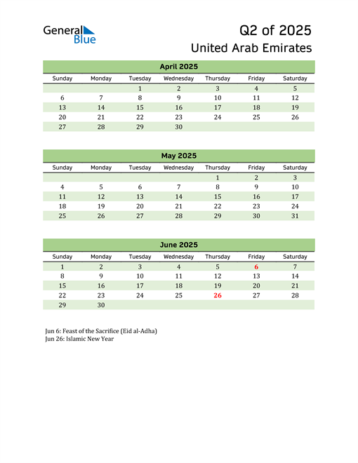  Quarterly Calendar 2025 with United Arab Emirates Holidays 