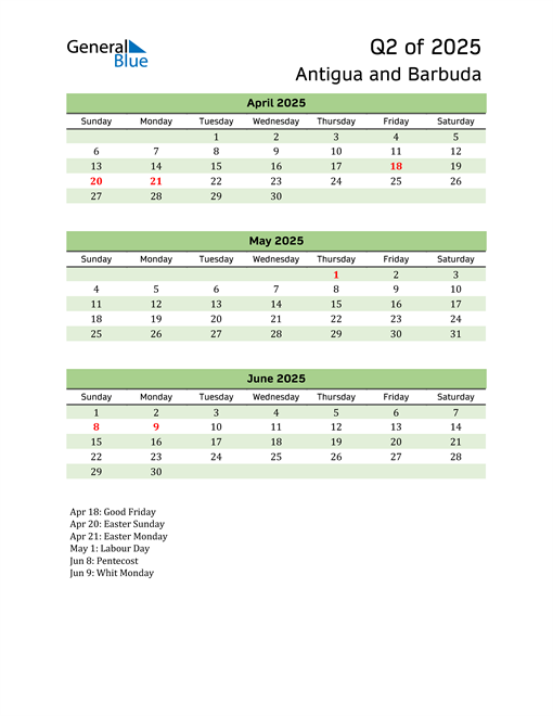  Quarterly Calendar 2025 with Antigua and Barbuda Holidays 