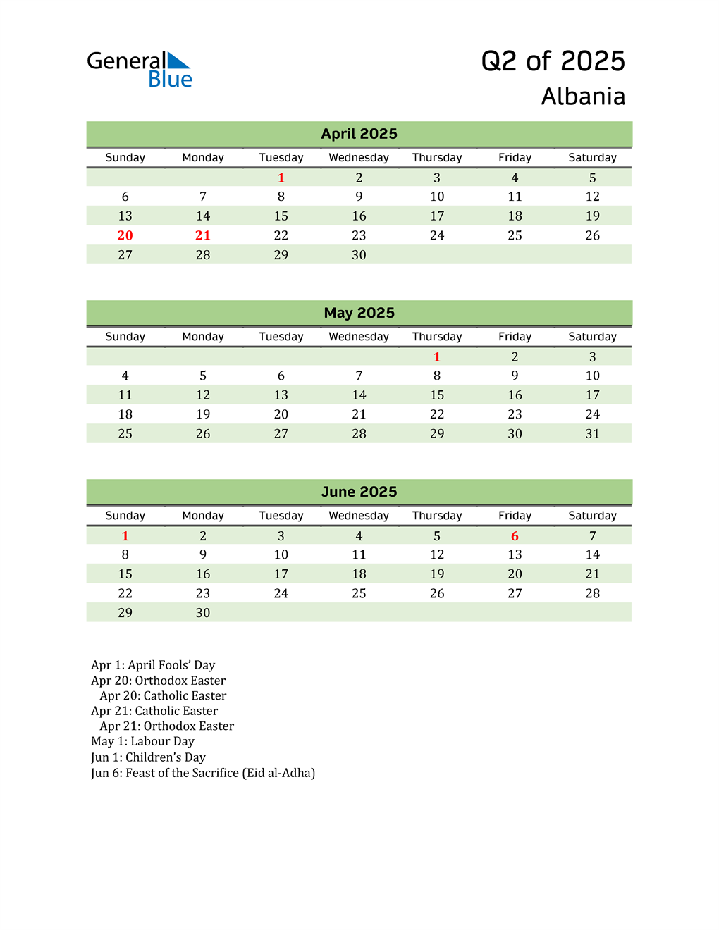 Quarterly Calendar 2025 with Albania Holidays 