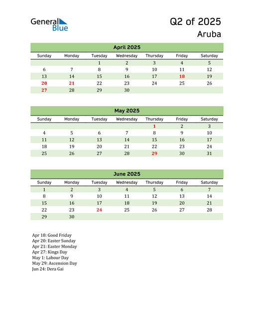  Quarterly Calendar 2025 with Aruba Holidays 