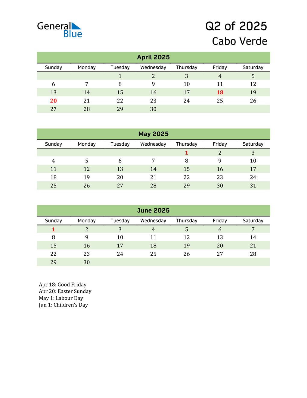  Quarterly Calendar 2025 with Cabo Verde Holidays 
