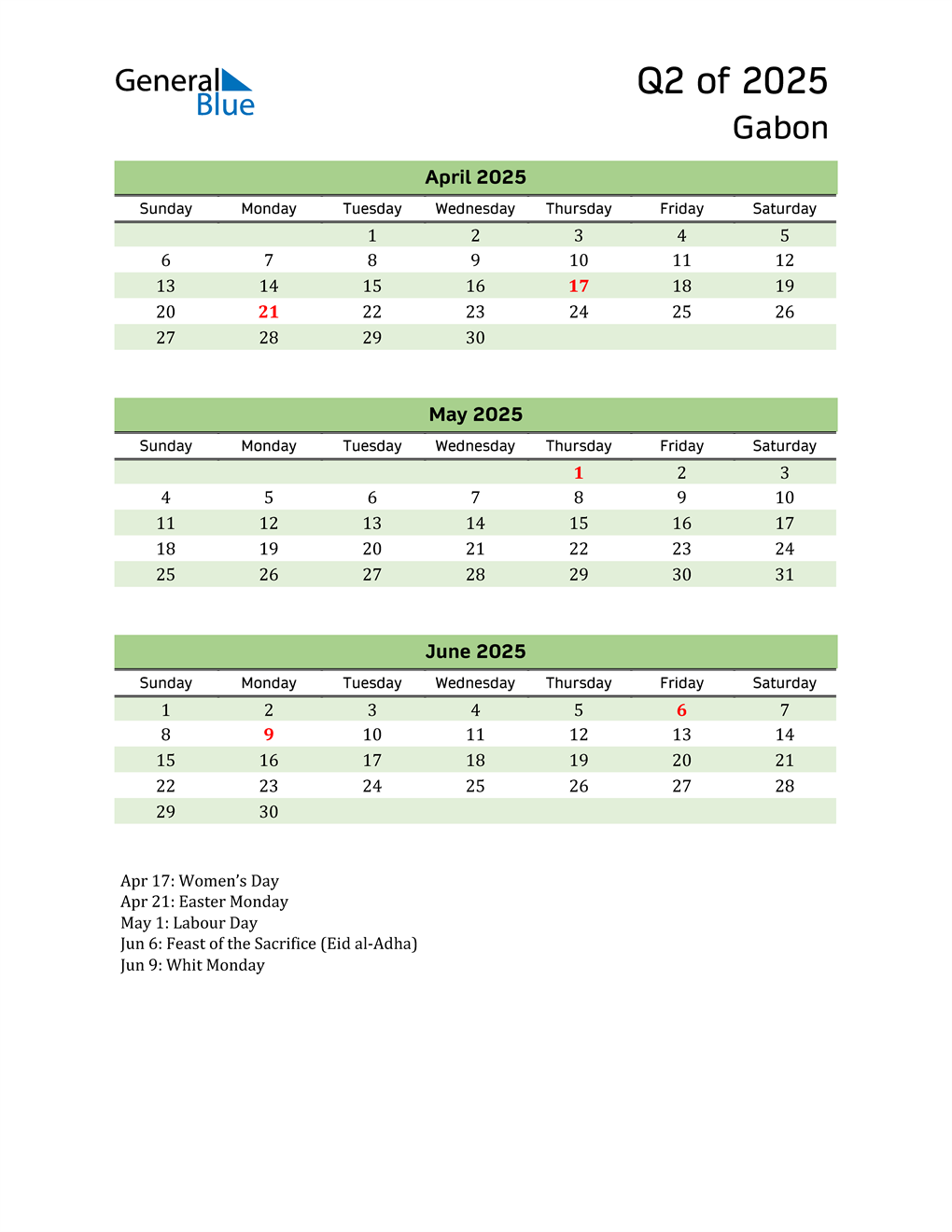  Quarterly Calendar 2025 with Gabon Holidays 