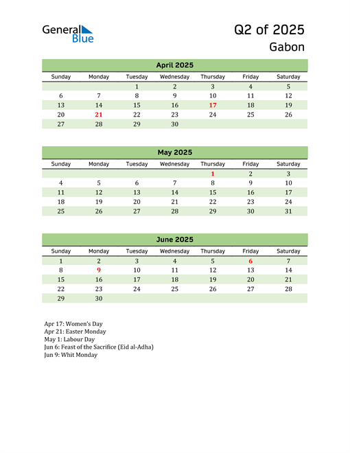  Quarterly Calendar 2025 with Gabon Holidays 