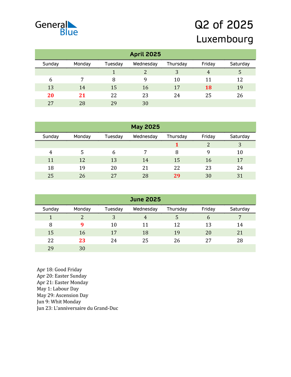  Quarterly Calendar 2025 with Luxembourg Holidays 