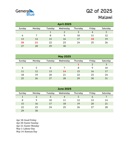  Quarterly Calendar 2025 with Malawi Holidays 
