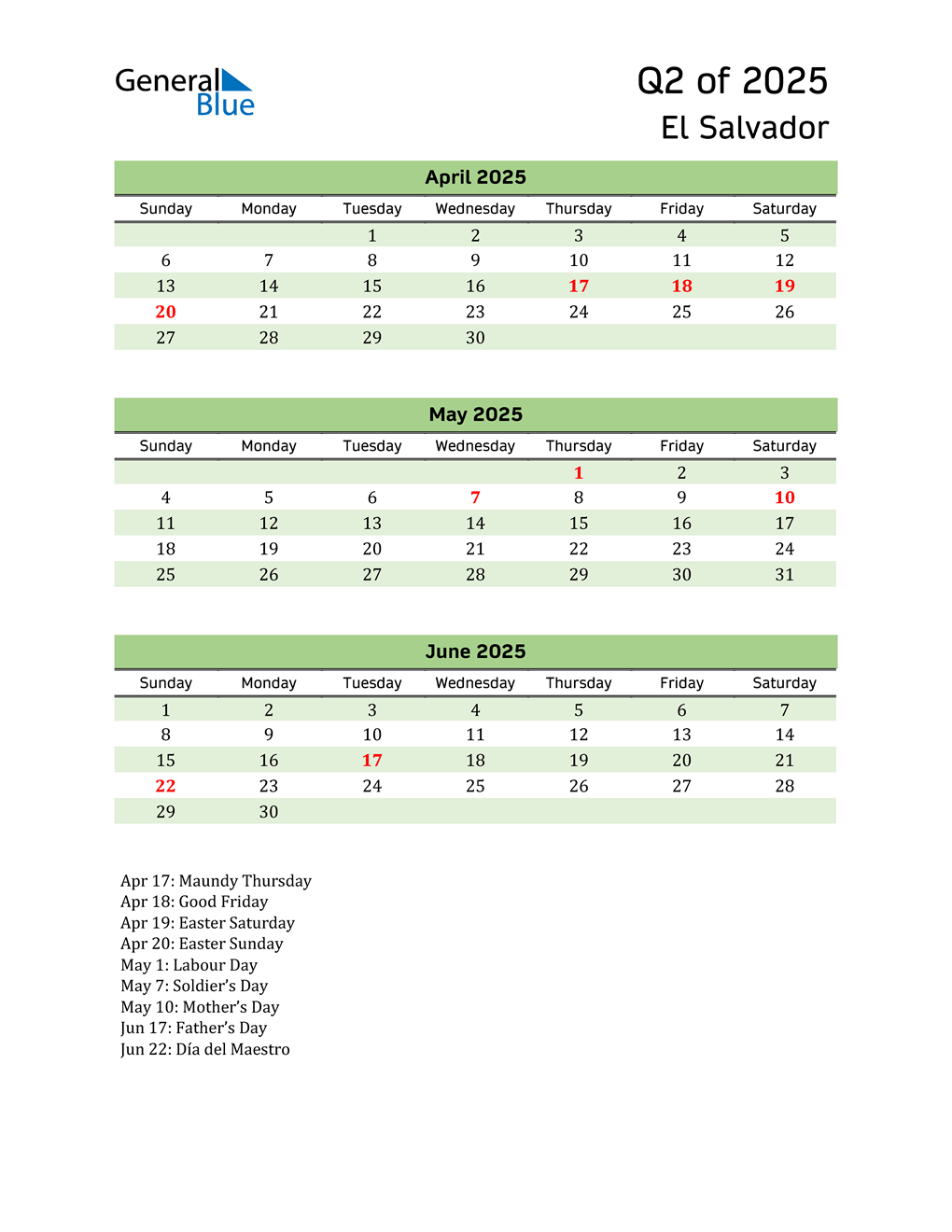  Quarterly Calendar 2025 with El Salvador Holidays 
