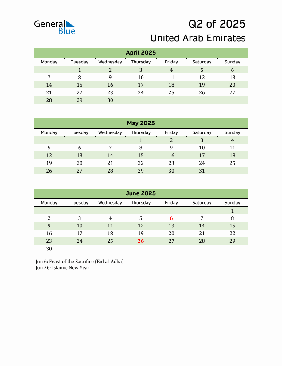 Quarterly Calendar 2025 with United Arab Emirates Holidays