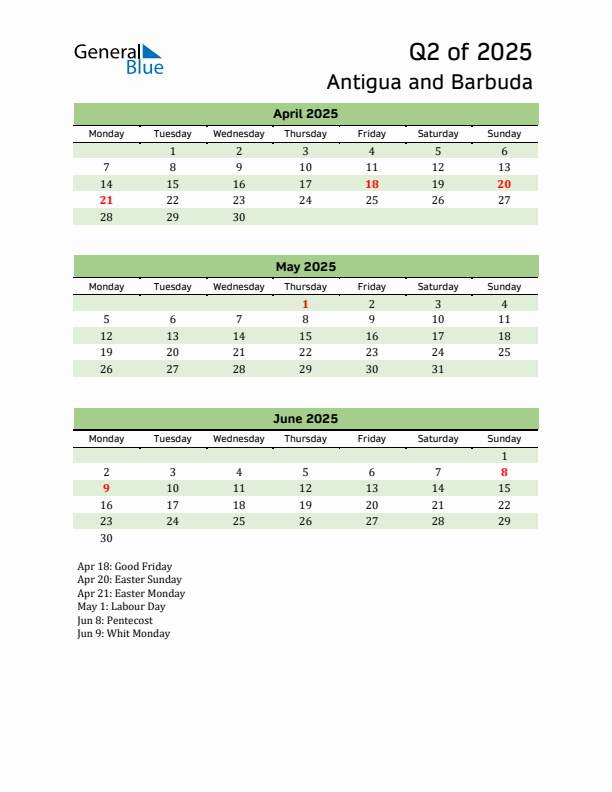 Quarterly Calendar 2025 with Antigua and Barbuda Holidays