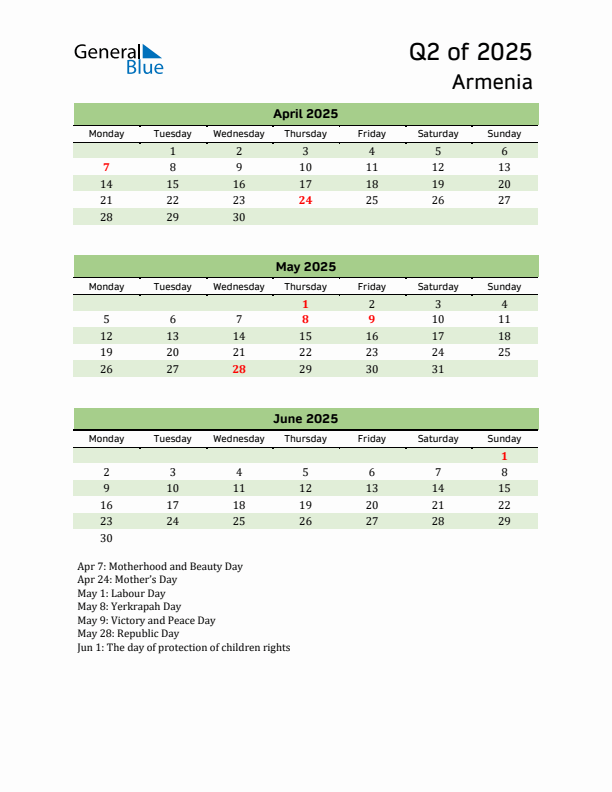 Quarterly Calendar 2025 with Armenia Holidays