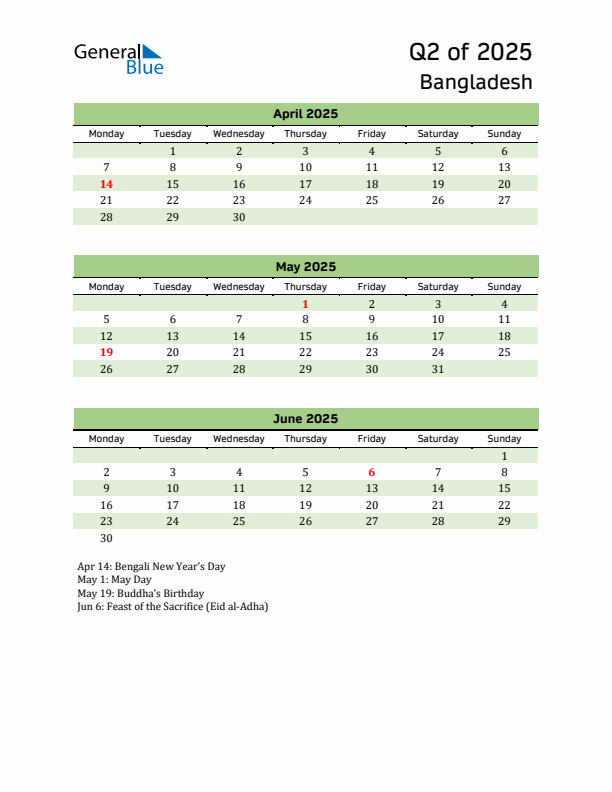 Quarterly Calendar 2025 with Bangladesh Holidays