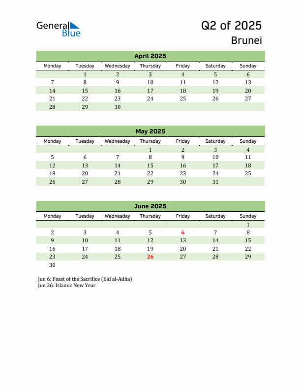 Quarterly Calendar 2025 with Brunei Holidays