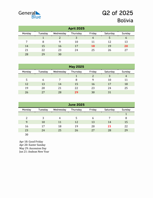 Quarterly Calendar 2025 with Bolivia Holidays