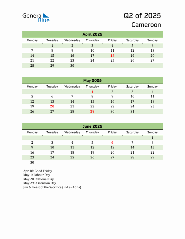 Quarterly Calendar 2025 with Cameroon Holidays