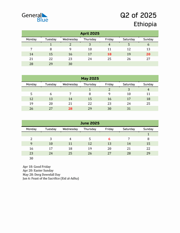 Quarterly Calendar 2025 with Ethiopia Holidays