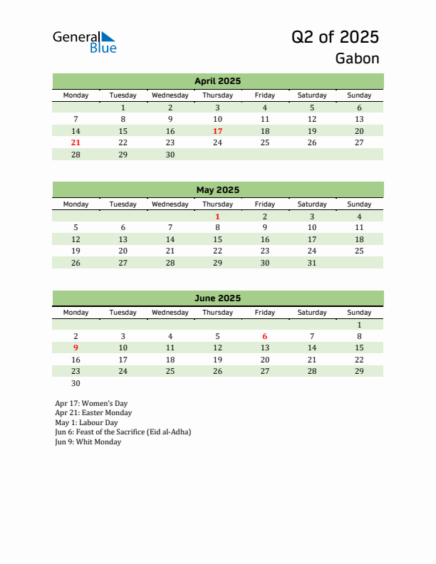 Quarterly Calendar 2025 with Gabon Holidays