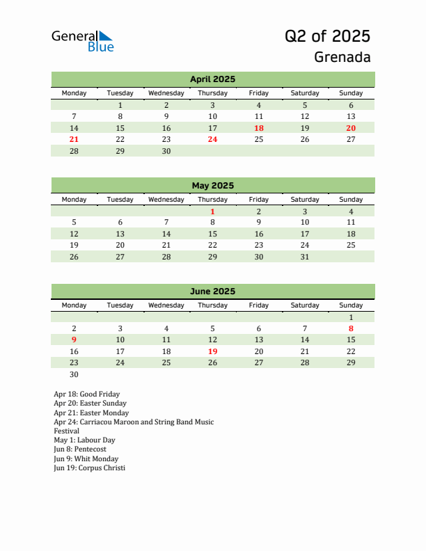 Quarterly Calendar 2025 with Grenada Holidays