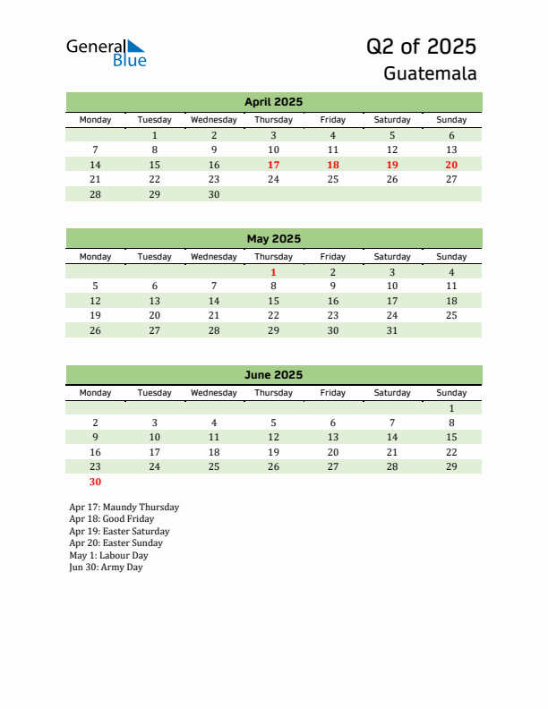 Quarterly Calendar 2025 with Guatemala Holidays