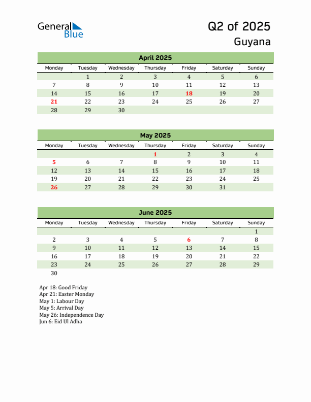 Quarterly Calendar 2025 with Guyana Holidays