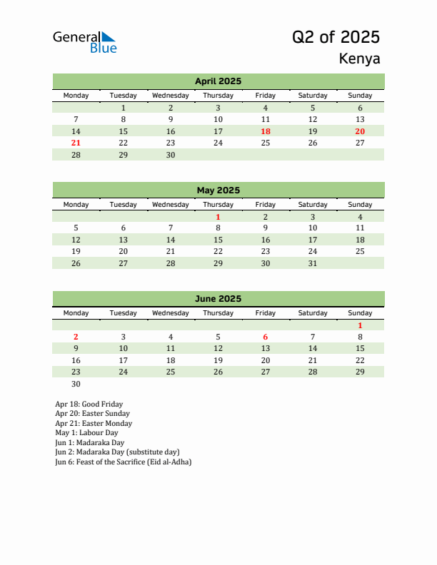 Three-month calendar for Kenya - Q2 of 2025