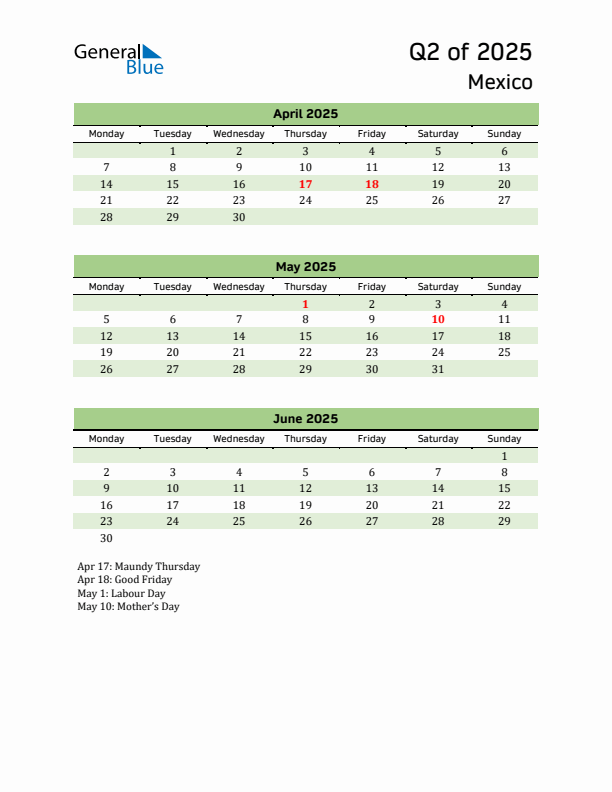Quarterly Calendar 2025 with Mexico Holidays