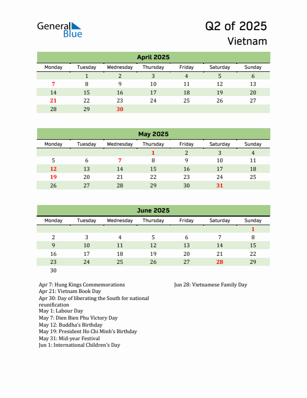 Quarterly Calendar 2025 with Vietnam Holidays