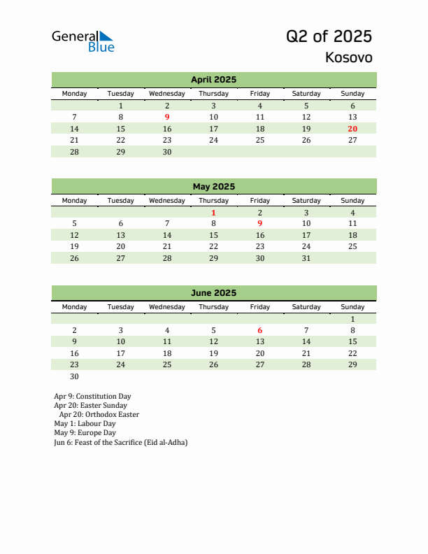 Quarterly Calendar 2025 with Kosovo Holidays