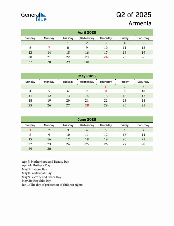 Quarterly Calendar 2025 with Armenia Holidays
