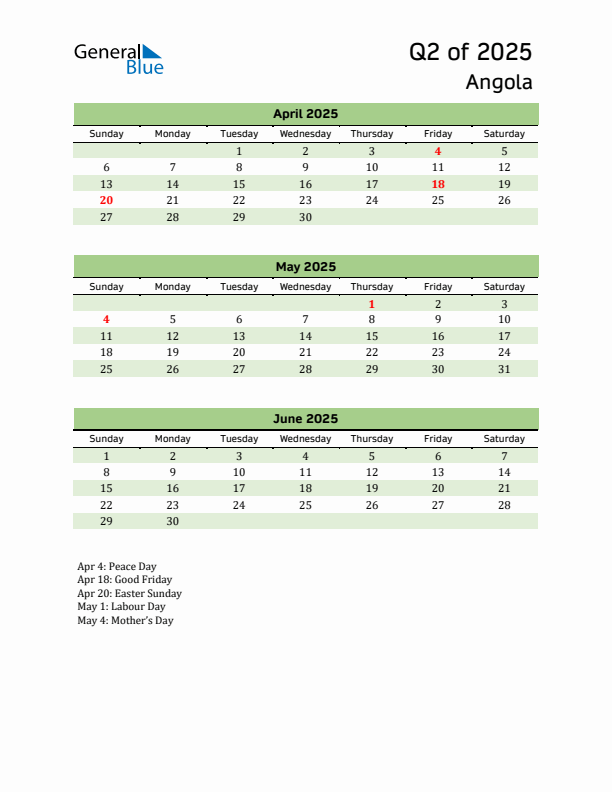 Quarterly Calendar 2025 with Angola Holidays