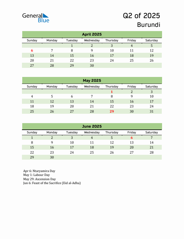 Quarterly Calendar 2025 with Burundi Holidays