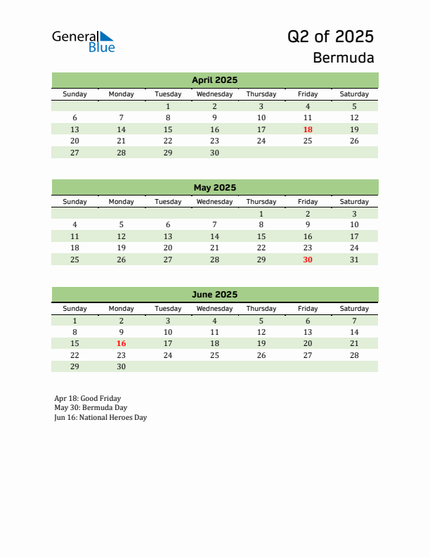 Quarterly Calendar 2025 with Bermuda Holidays