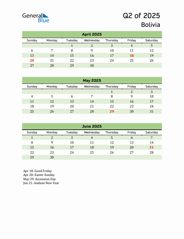Quarterly Calendar 2025 with Bolivia Holidays