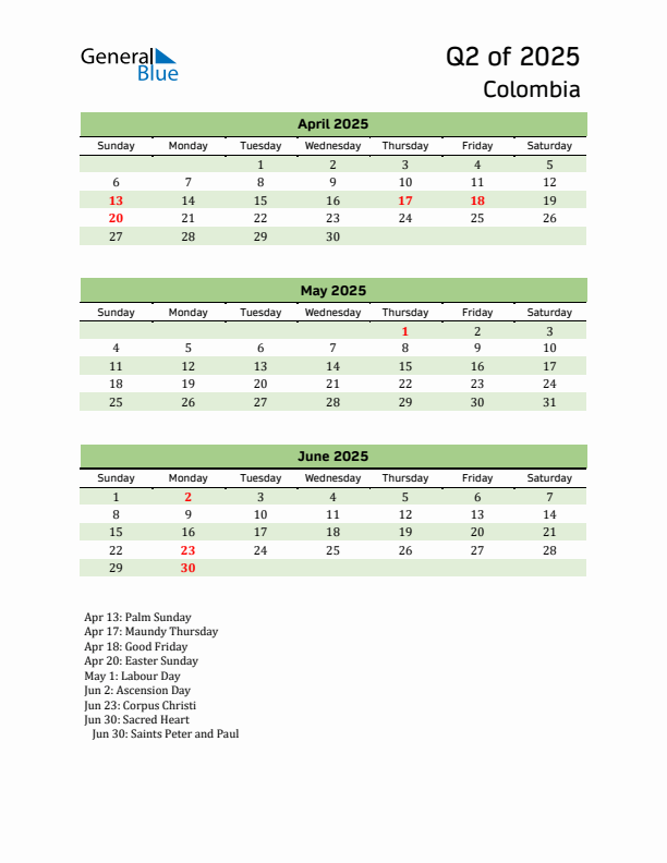 Quarterly Calendar 2025 with Colombia Holidays