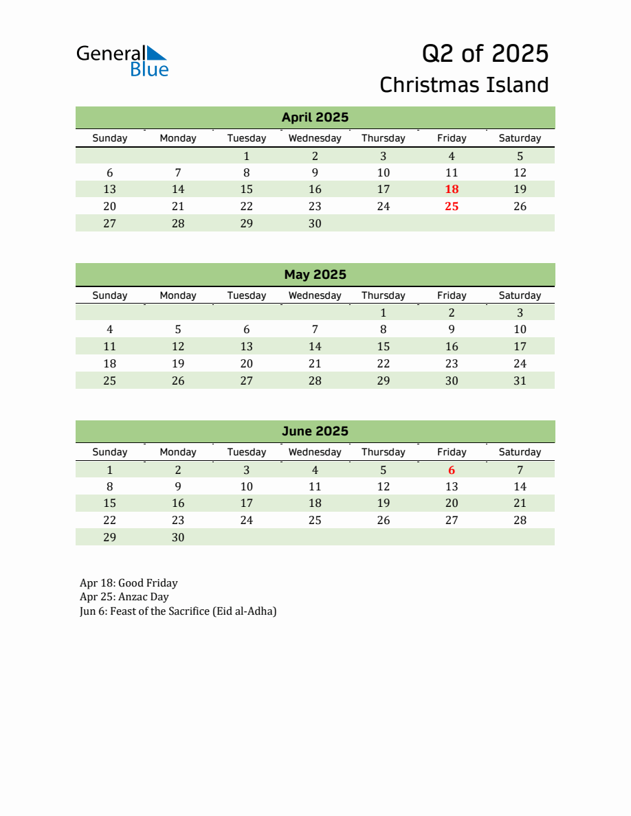 Quarterly Calendar 2025 with Christmas Island Holidays