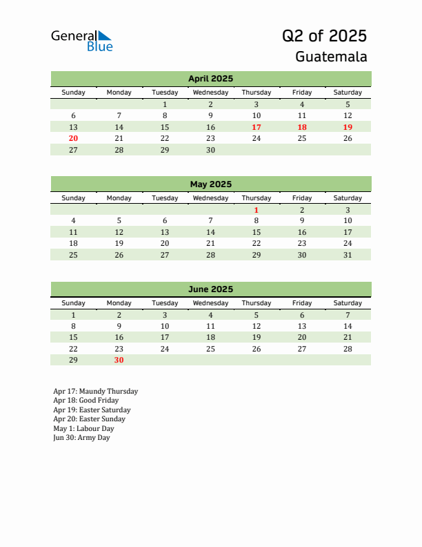 Quarterly Calendar 2025 with Guatemala Holidays