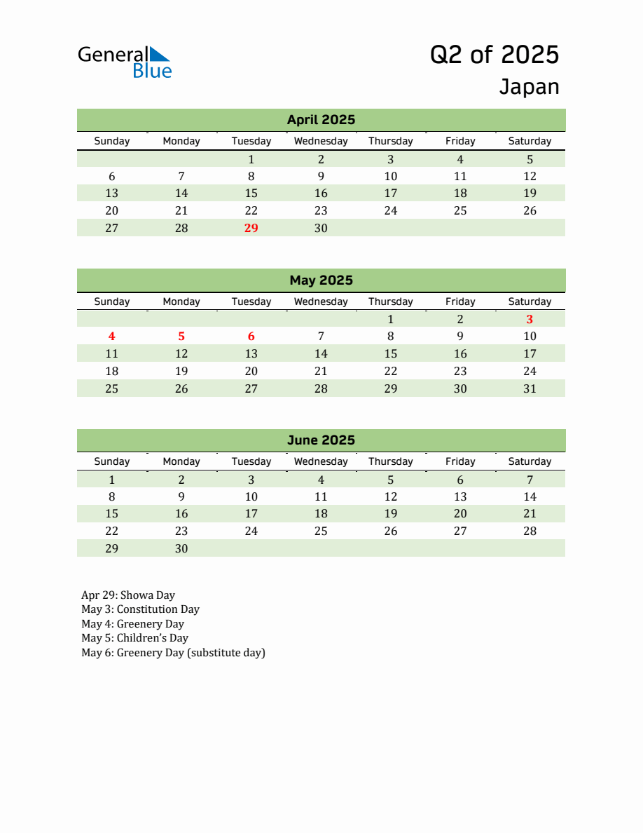 Quarterly Calendar 2025 with Japan Holidays