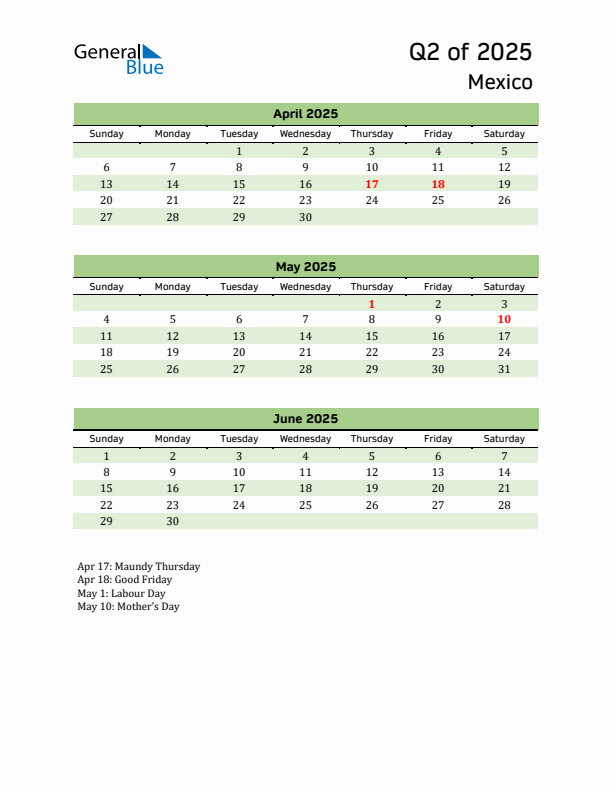 Q2 2025 Quarterly Calendar with Mexico Holidays