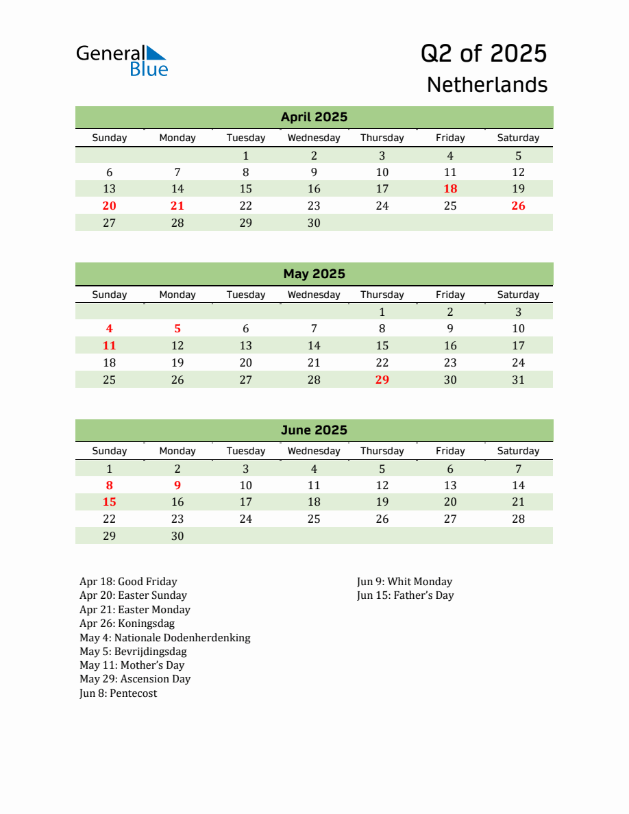 Quarterly Calendar 2025 with The Netherlands Holidays