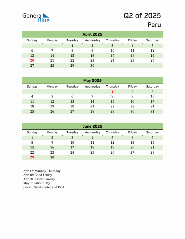 Quarterly Calendar 2025 with Peru Holidays