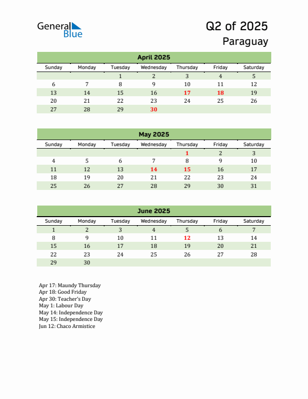 Quarterly Calendar 2025 with Paraguay Holidays