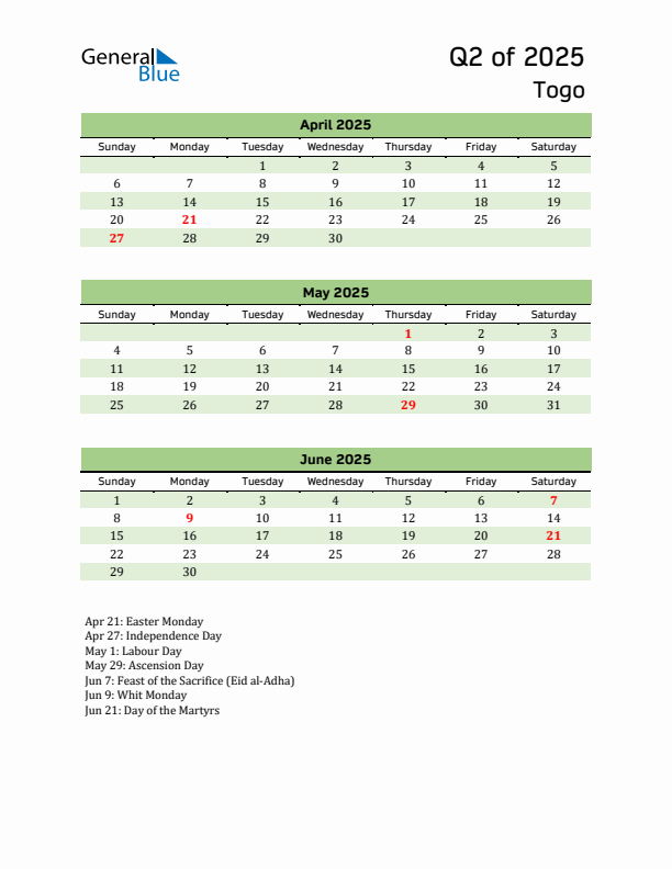 Quarterly Calendar 2025 with Togo Holidays